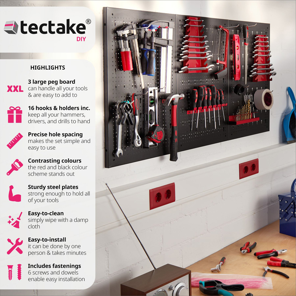 Tectake Black and Red Pegboard with 25 Hooks and Brackets Image 5