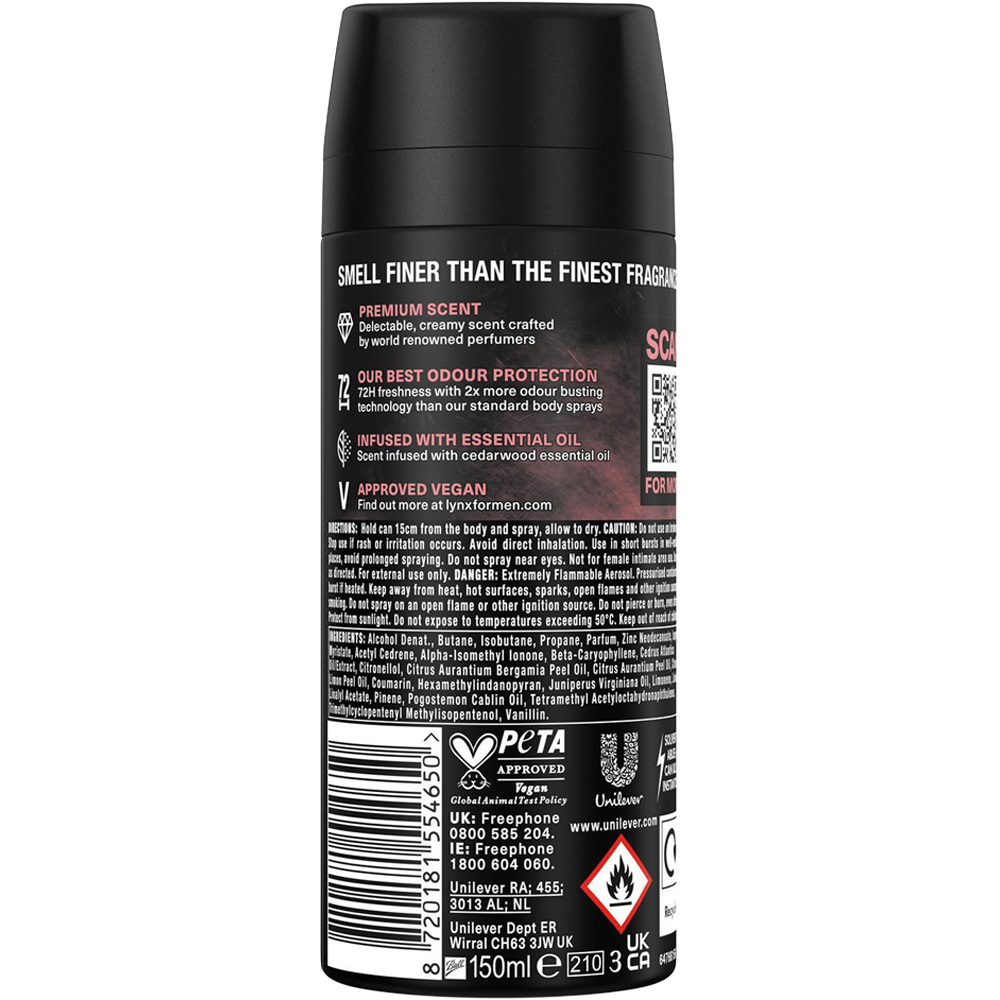 Lynx Fine Fragrance Men's Cocoa Velvet 72H Freshness Deodorant Body Spray 150ml 18 Pack Image 3