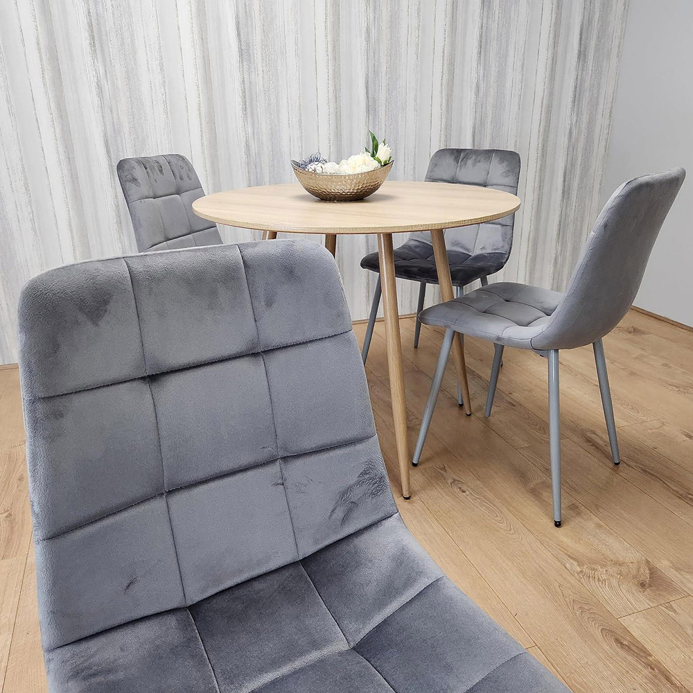 Portland 4 Seater Velvet Round Dining Set Wood Effect and Grey Image 4