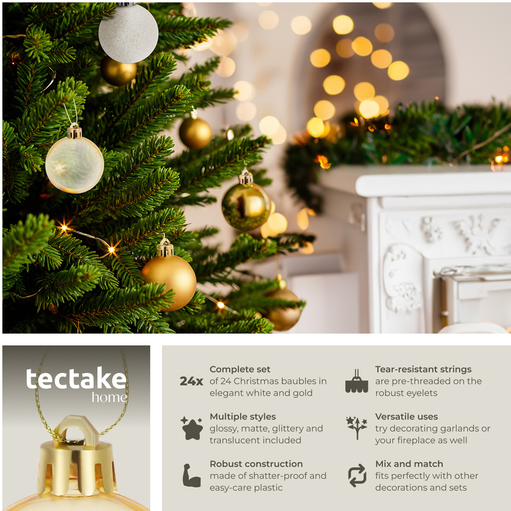 tectake White and Gold Christmas Baubles 24 Pack Image 6