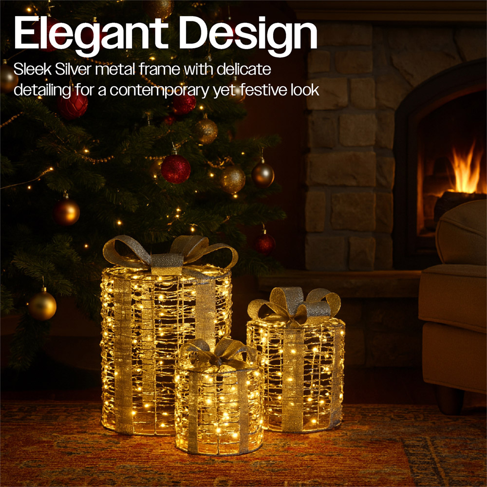 Xmas Haus Silver 100 Warm White LED Round Gift Box Christmas Decoration Set of 3 Image 3