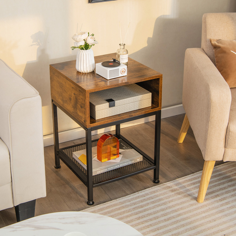 Costway 2 Shelf Brown Mesh Square Side Table Image 4