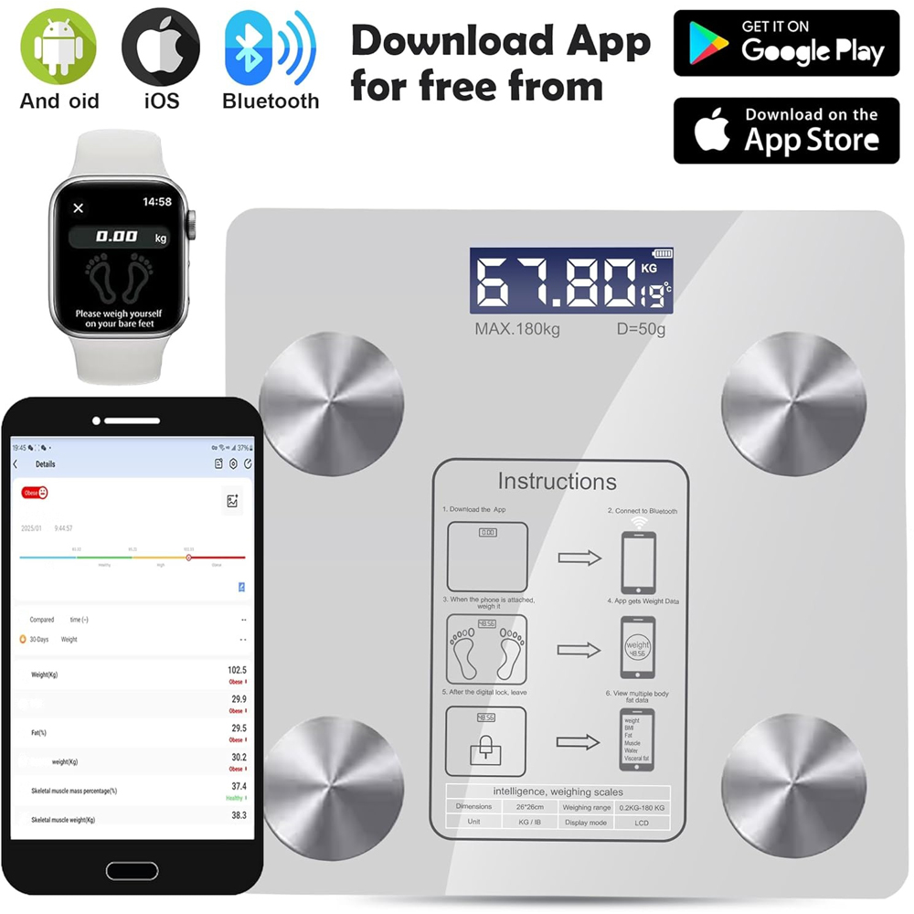 ATEK White Bluetooth Smart Body Fat Digital Bathroom Scale Image 7