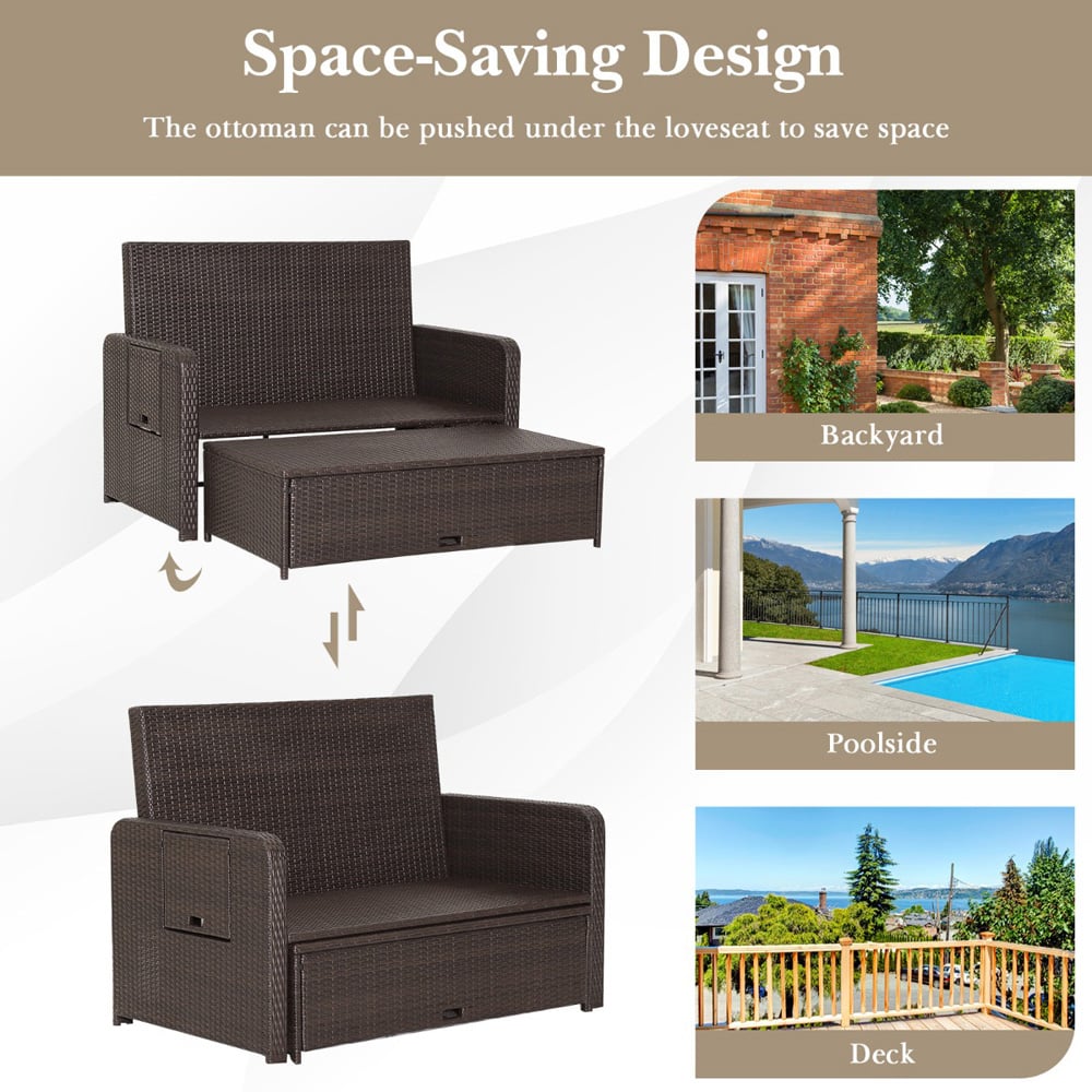 Costway 2 Seater Ratan Wicker Blue Loveseat Sofa with Ottoman and Side Tray Image 7