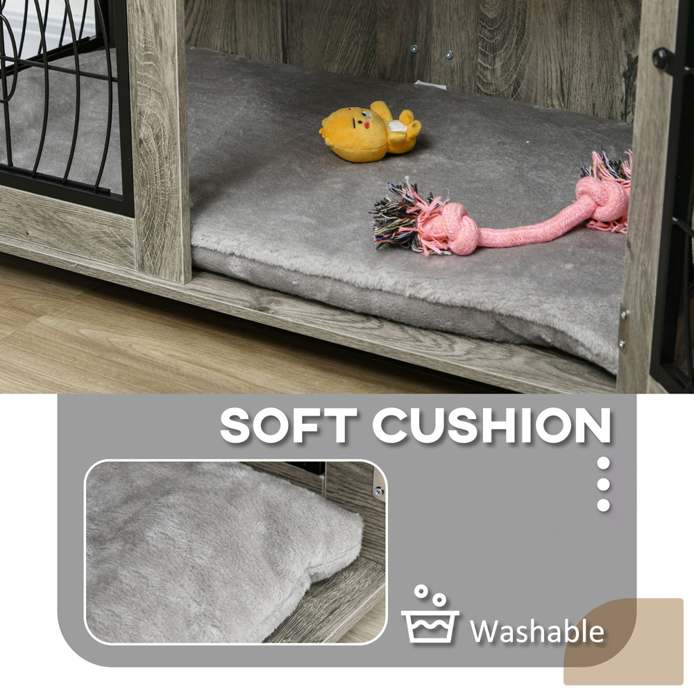 PawHut Grey Dog Crate End Table with Cushion 94cm Image 6