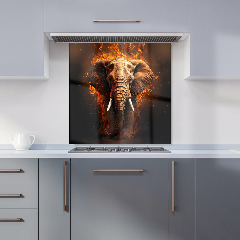 Warren Reed Designer Splashart Elephant and Fire Glass Kitchen Splashback 60 x 60cm Image 1