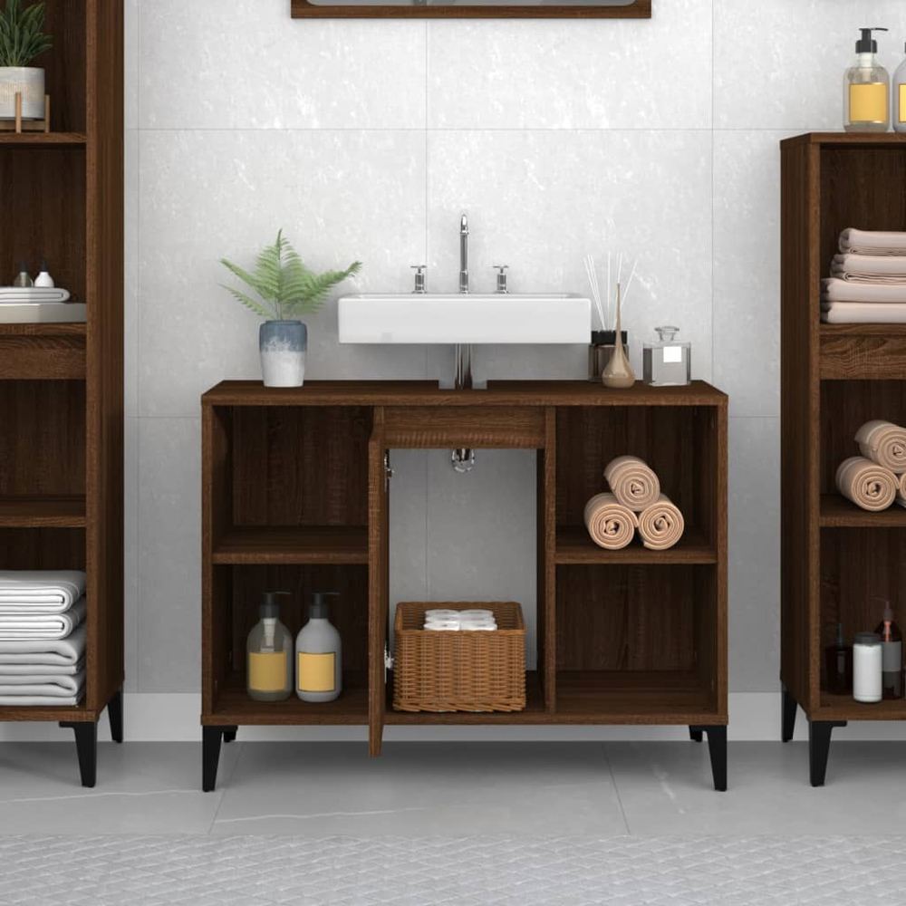 vidaXL Single Door 4 Shelf Brown Oak Wood Washbasin Cabinet Image 9
