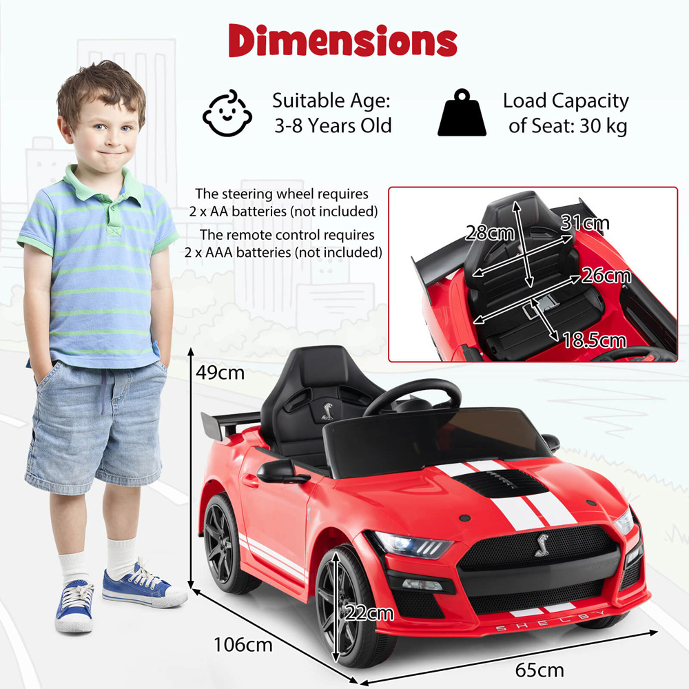Costway Kids Red Licensed Ford Mustang Shelby GT500 Electric Ride On Car 12V Image 8