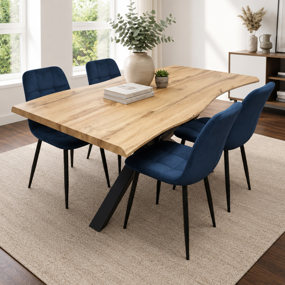 Portland 4 Seater Velvet Tufted Wooden Tabletop Dining Set Blue Image 1