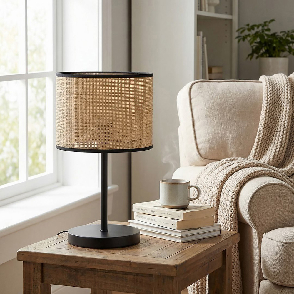 Emibig Eco Rattan Cylindrical Shade Black E27 Table Lamp Image 2