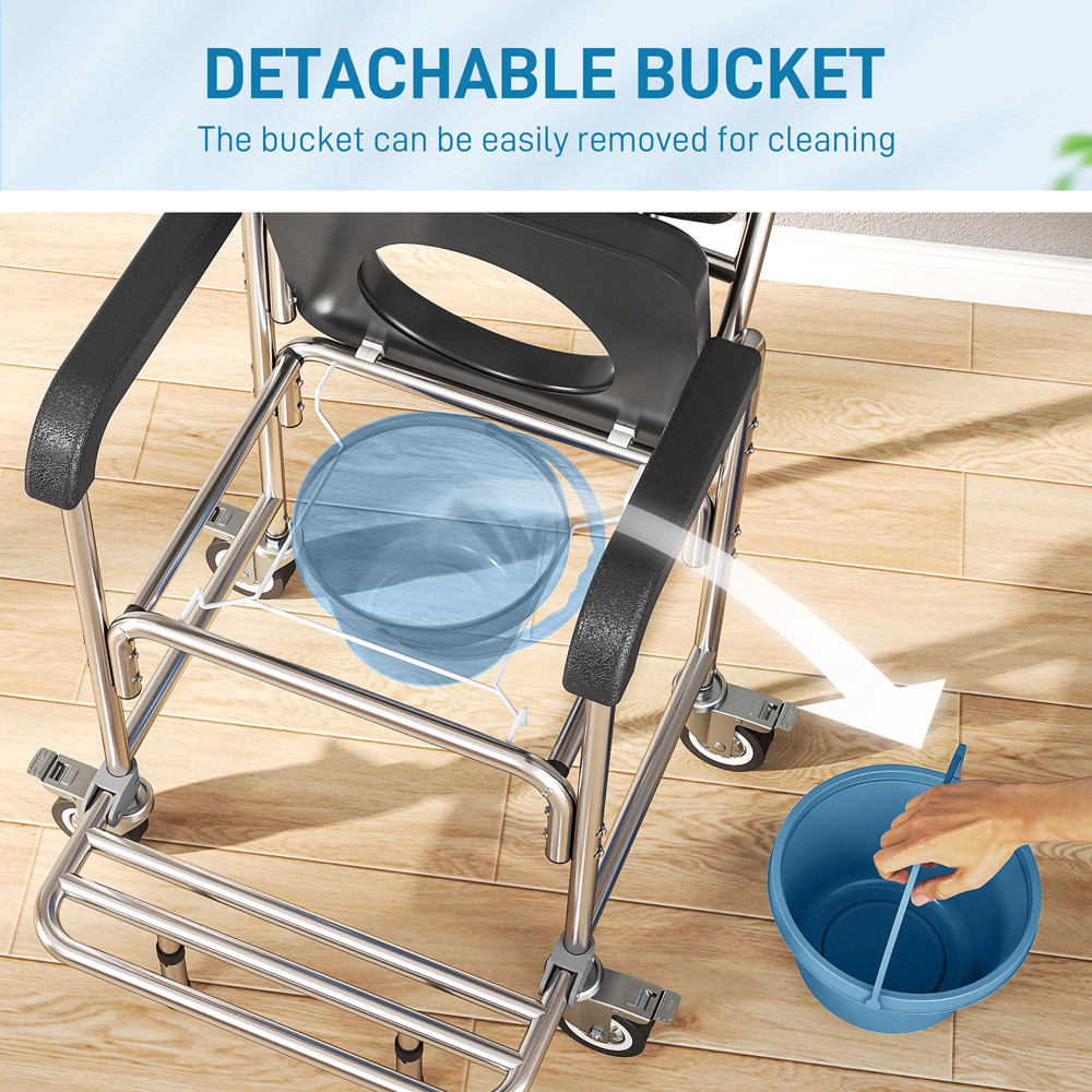 HOMCOM Black Transport Beside Shower Chair with Wheels and Padded Seat Image 8