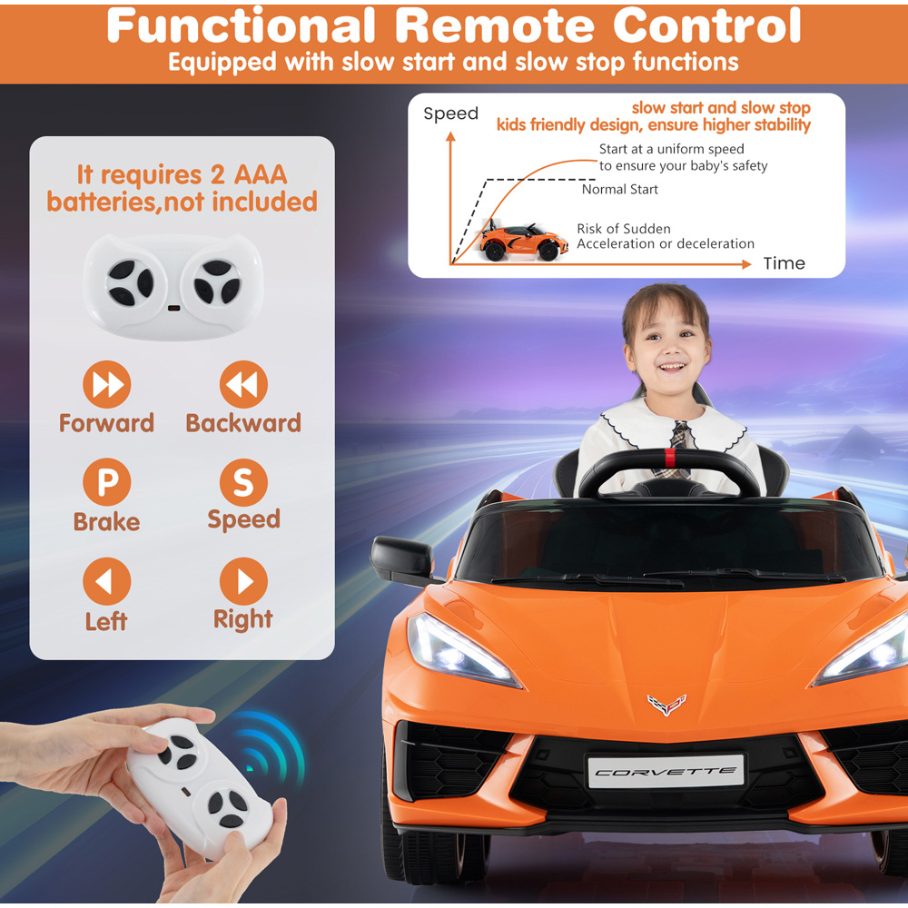 Costway Kids Orange Licensed Chevrolet Corvette C8 Electric Ride On Car with Remote Control 12V Image 7