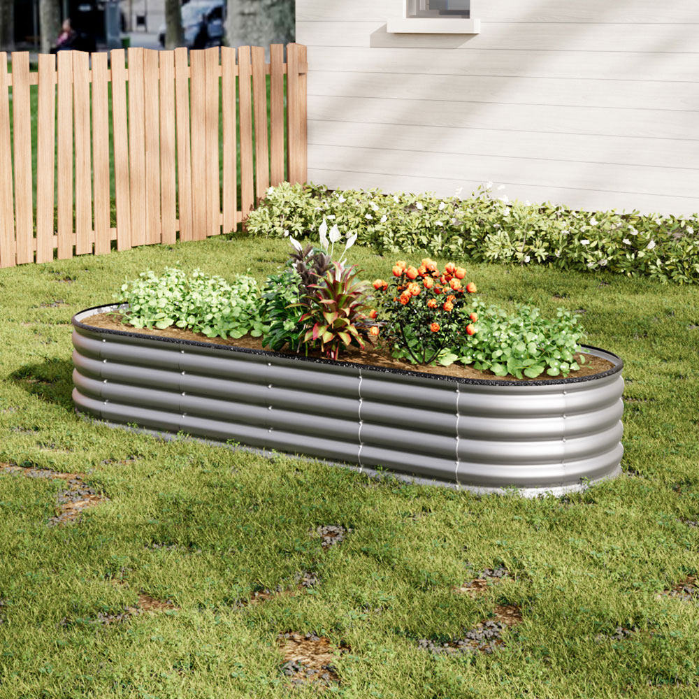 Living and Home Silver Oval Galvanised Steel Raised Garden Bed 240 x 42cm Image 2