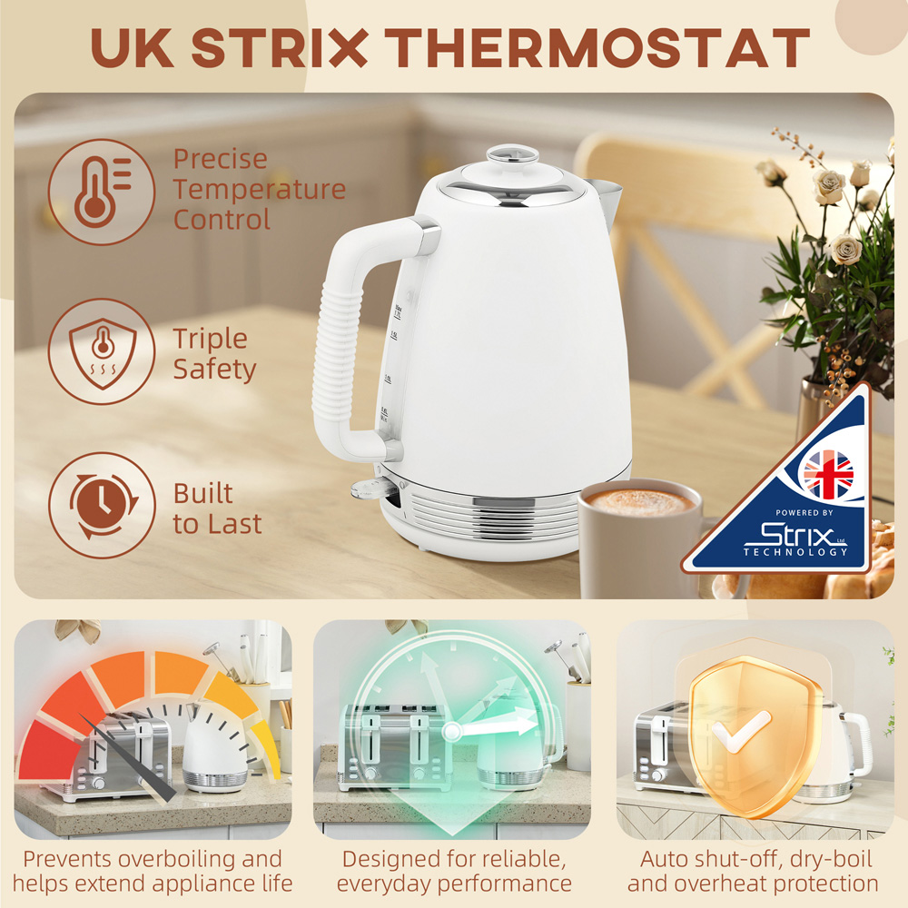 HOMCOM 800-267V70BK White 1.7L Quick Boil Kettle 3000W and 4 Slice Toaster Set Image 5