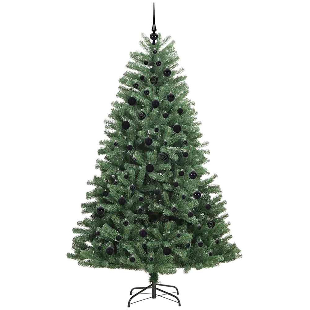 vidaXL Pre-Lit Black Baubles Green Artificial Hinged Christmas Tree 7ft Image 4