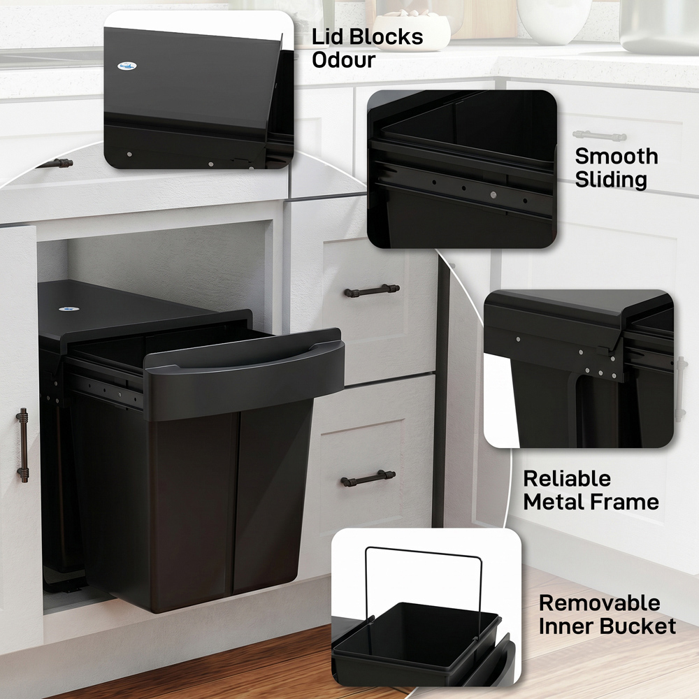 HOMCOM 2 Compartment Black Steel Pull Out Kitchen Recycling Cupboard Bin 40L Image 7