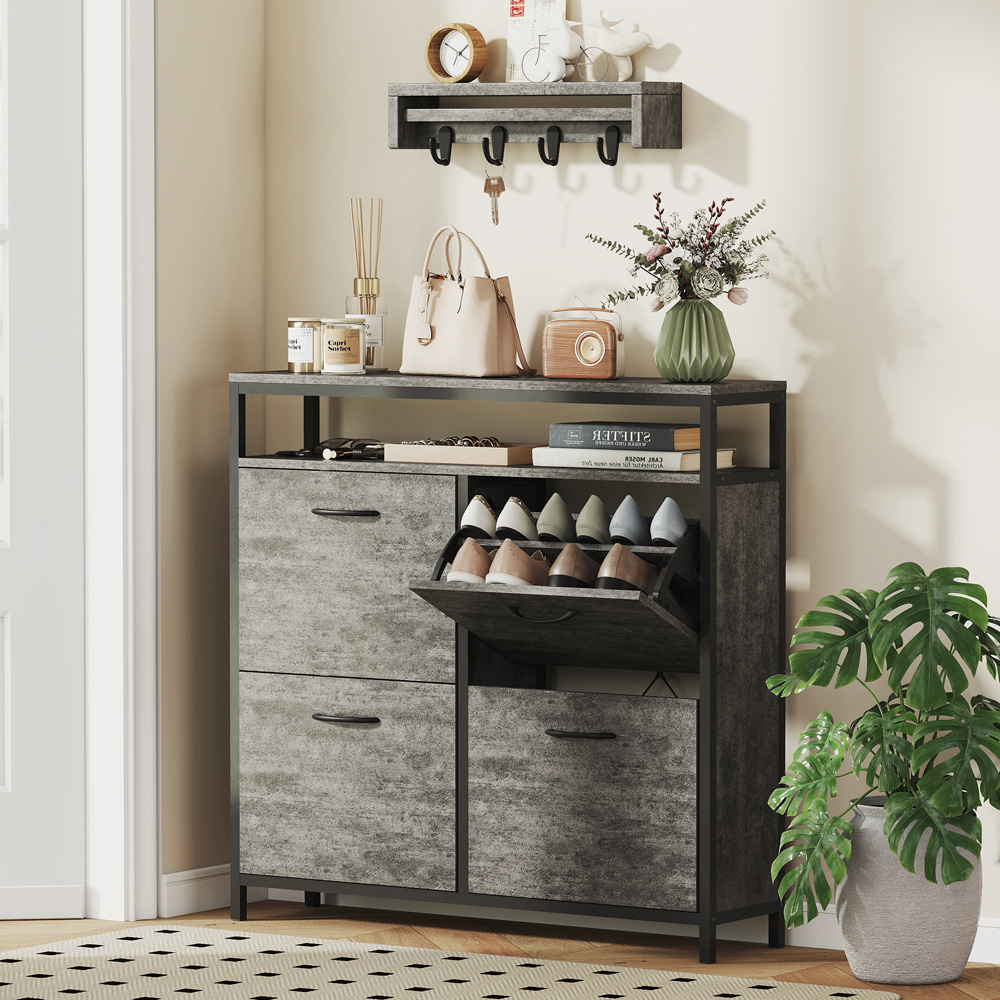 HOMCOM 4 Flip Down Drawer Single Shelf Cement Grey Shoe Cabinet Image 3