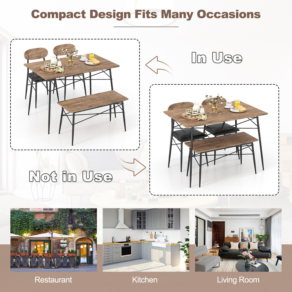 Costway 4 Seater Faux Leather Dining Set with Bench Rustic Brown Image 7