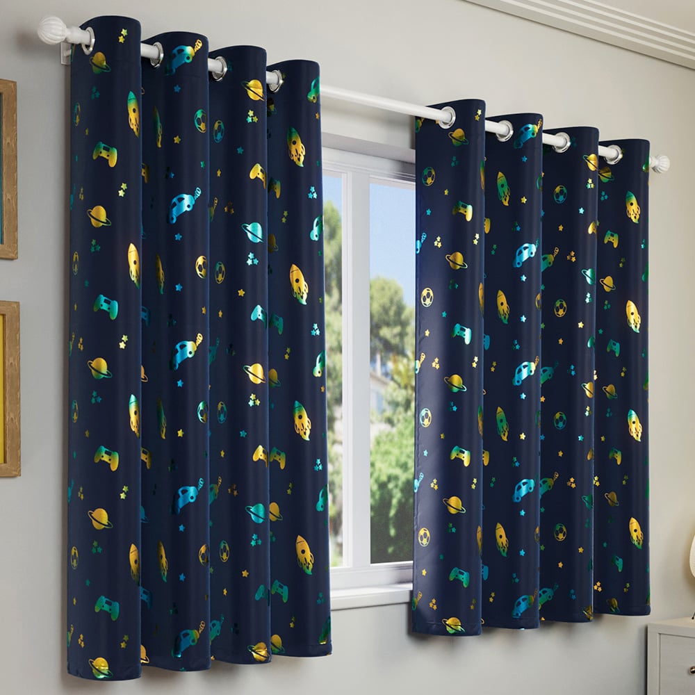 Enhanced Living Infinity Blue Metallic Print Kids Thermal Darkening Eyelet Curtains 168 x 137cm Image 1