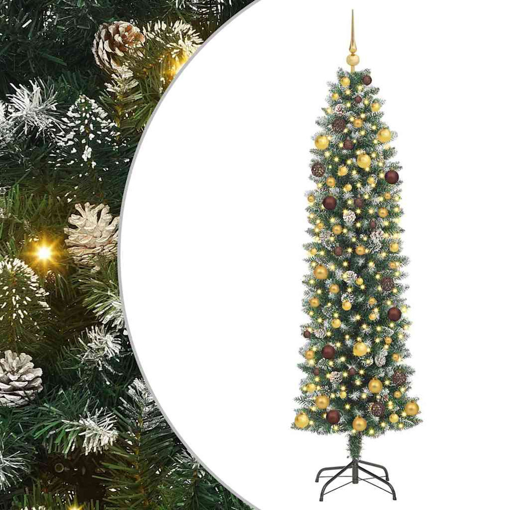 vidaXL Pre-Lit Gold and Bronze Baubles Green and White Artificial Slim Christmas Tree 7ft Image 2