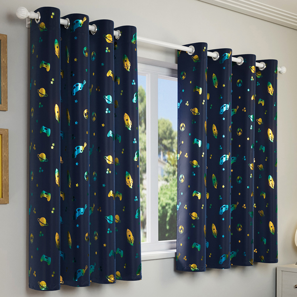 Enhanced Living Infinity Blue Metallic Print Kids Thermal Darkening Eyelet Curtains 117 x 137cm Image 1