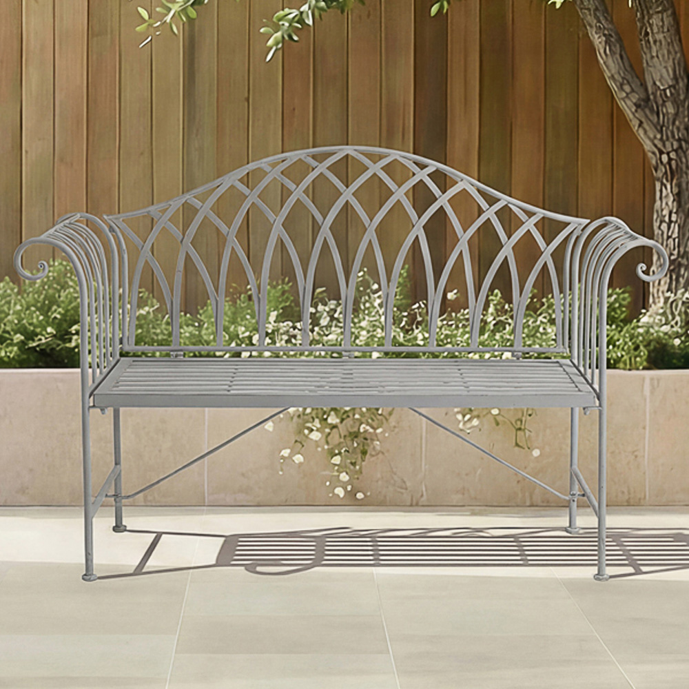 Charles Bentley 2 Seater Grey Decorative Rustic Metal Garden Bench Image 1