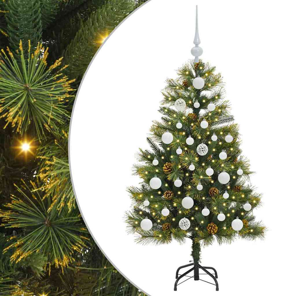 vidaXL Pre-Lit White Baubles and Pinecones Green Artificial Christmas Tree 4ft Image 2