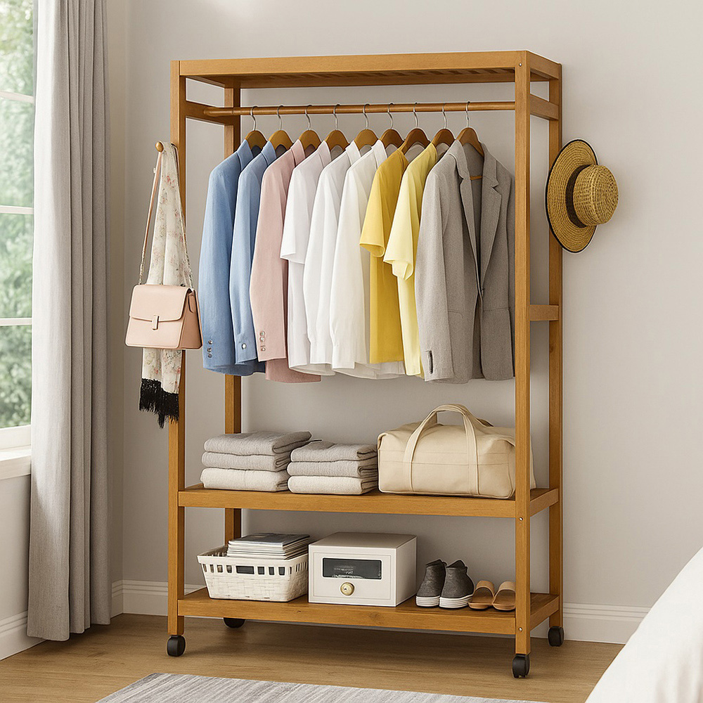 Modcraft 2 Shelf Heavy Duty Wooden Clothes Stand with Wheels Image 6