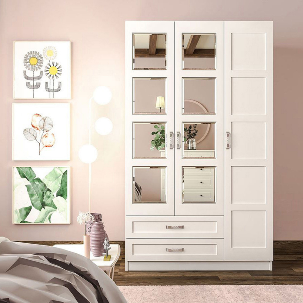 Evu VISTA 3 Door 2 Drawer White Mirrored Wardrobe Image 3