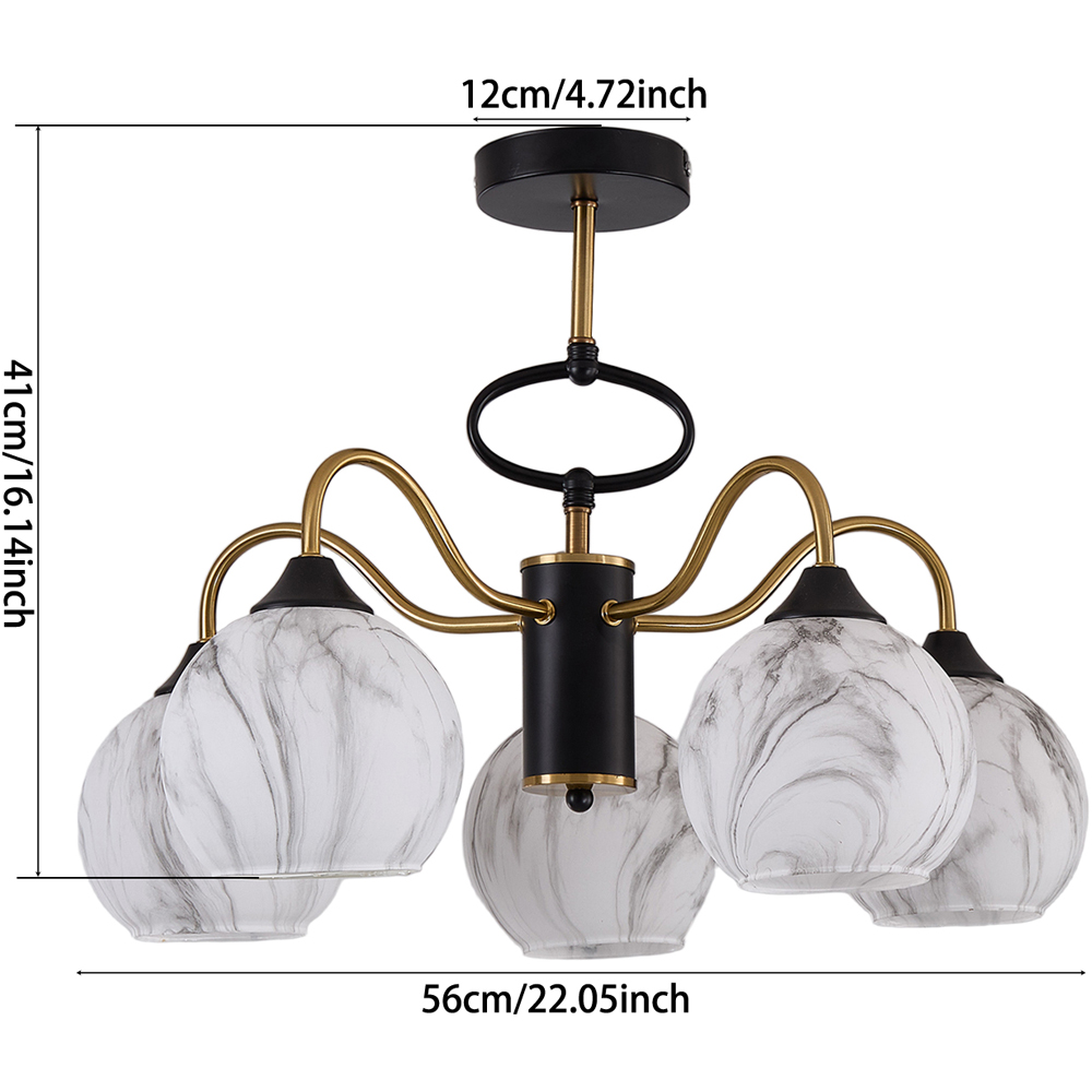 Living and Home Screw E27 Black and Gold 5 Marble Effect Glass Semi Flush Mount Ceiling Light Image 8