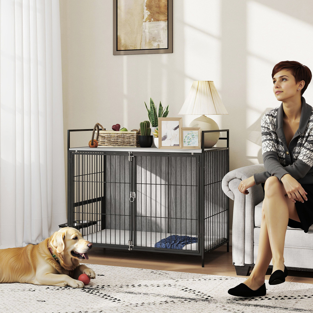 PawHut Grey Large Dog Crate with Rotating Bowl Holder Image 4