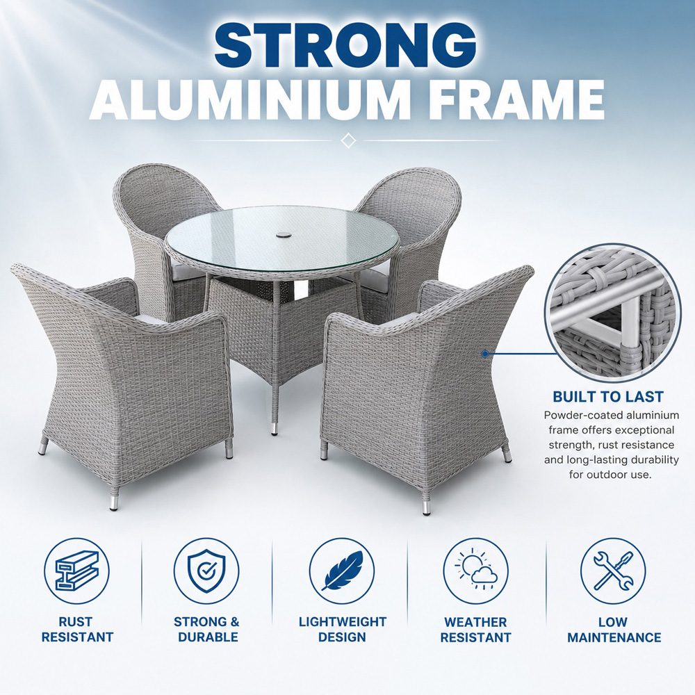Shatchi Sorrento 4 Seater Rattan Aluminium Round Garden Dining Set Light Grey Image 8