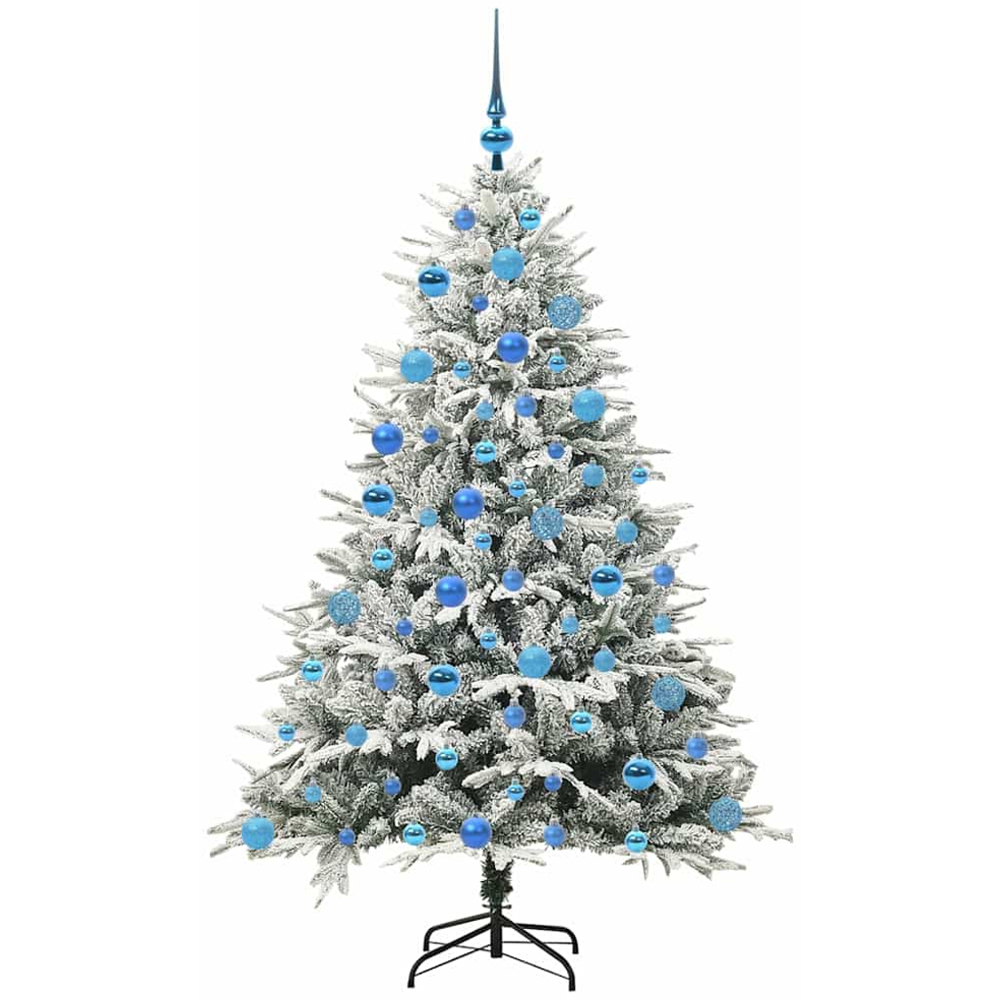 vidaXL 300 LED Pre-Lit Blue Baubles Green Artificial Snow Flocked Christmas Tree 6ft Image 4