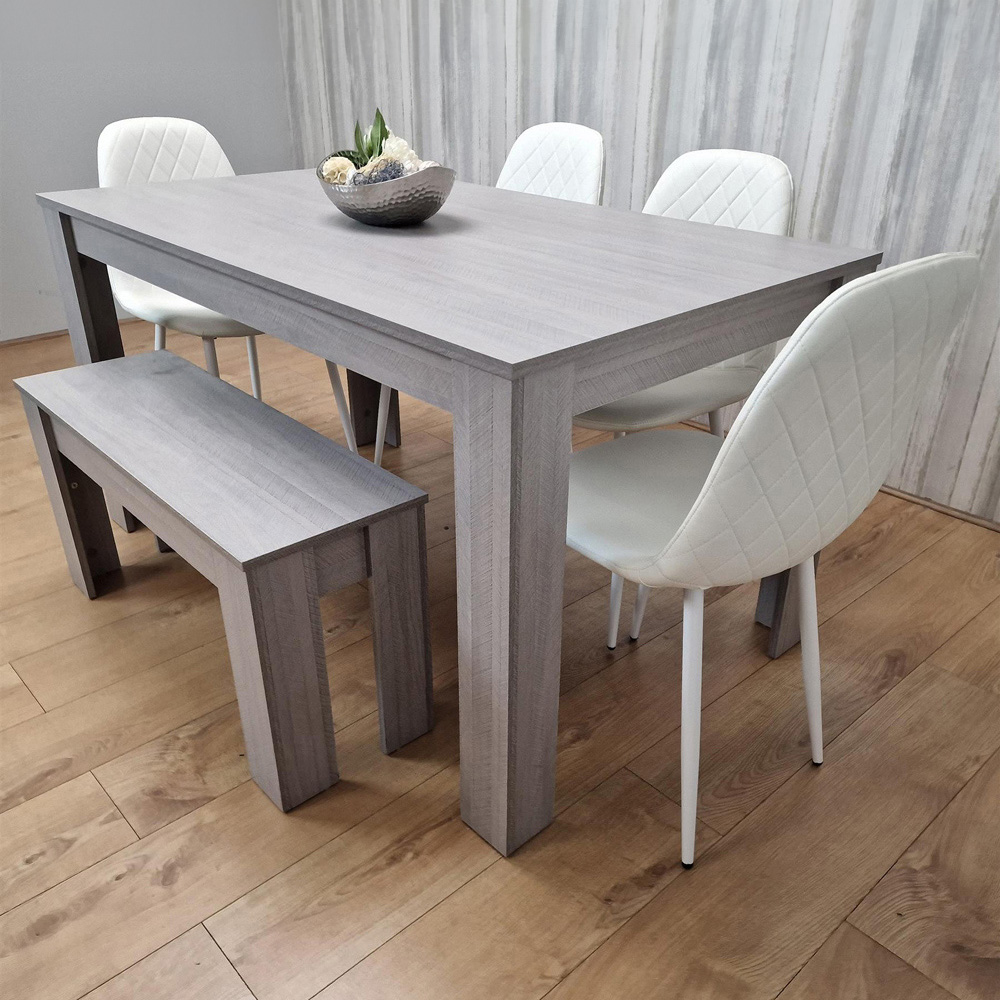 Portland Leather and Wood 6 Seater Dining Set Light Grey and White Image 1