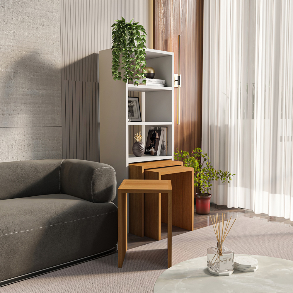 Decorotika Modern Melo 3 Shelf White Teak Bookcase with Nest of Tables Set of 3 Image 6