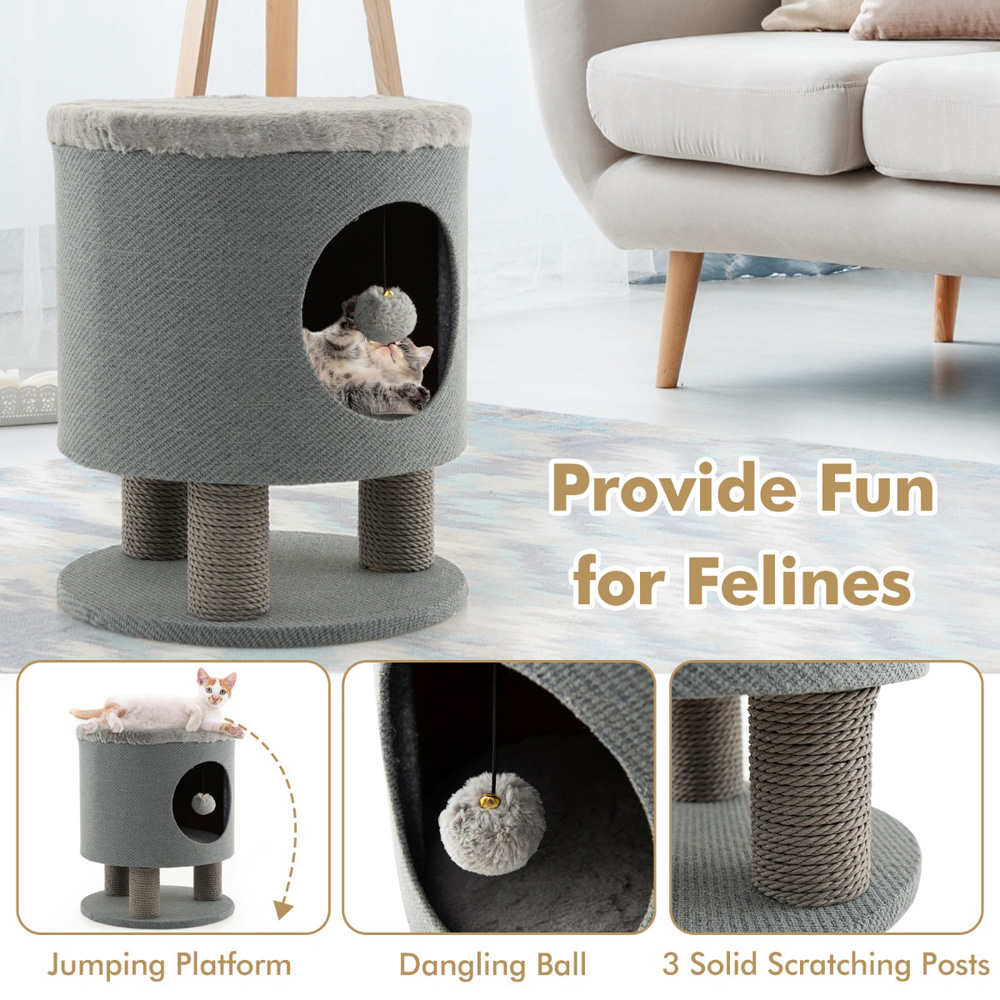 Costway Grey Cat Condo Stool with Scratching Posts Image 5