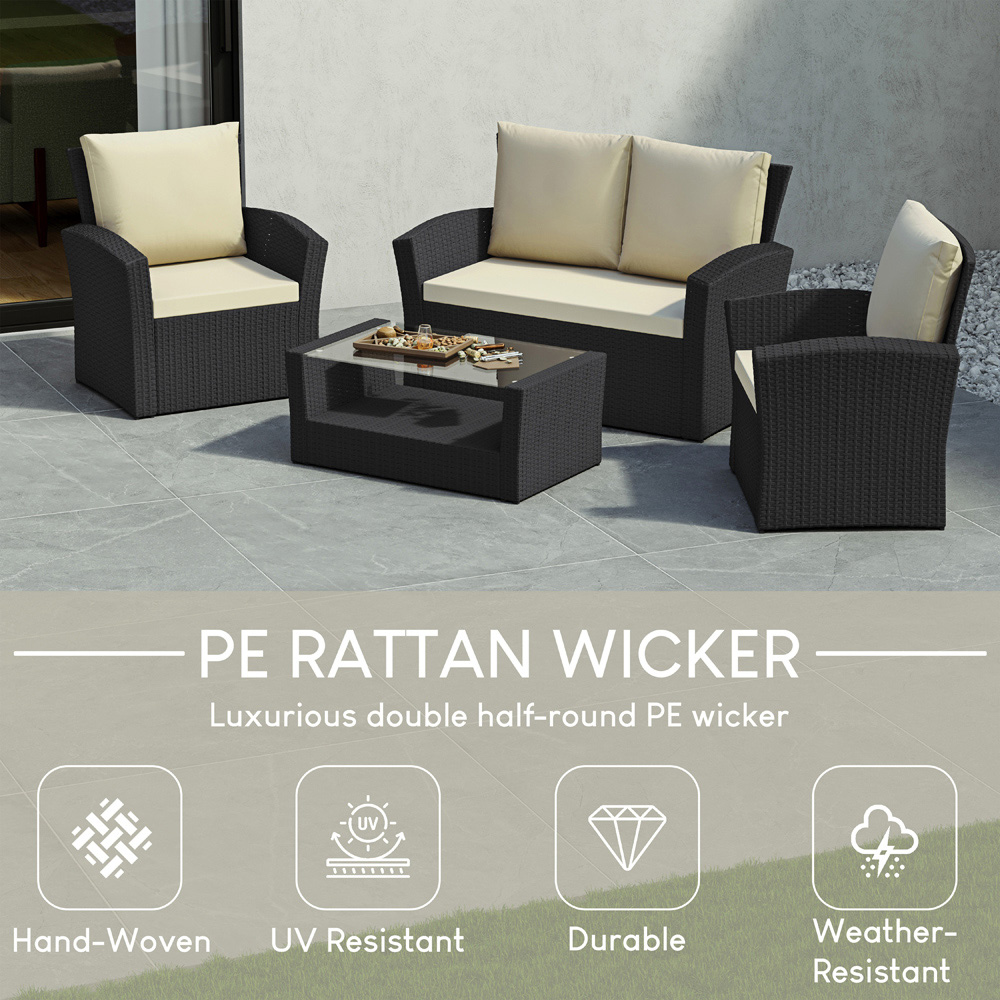 GARDEN VIDA Mylor 4 Seater Black PE Rattan Garden Lounge Set with Cover Image 4