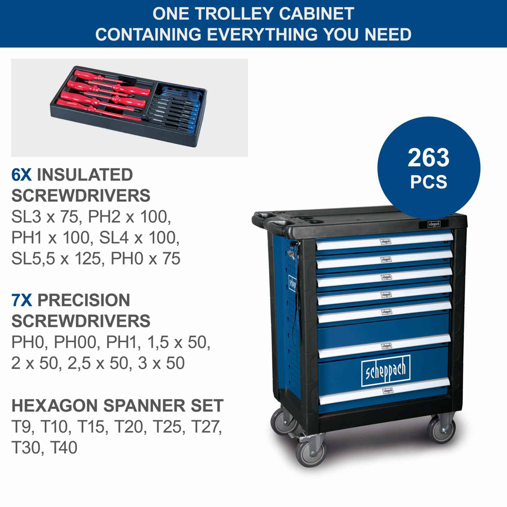 Scheppach TW1000, 263-Piece 7 Drawer Lockable Tool Trolley Image 7