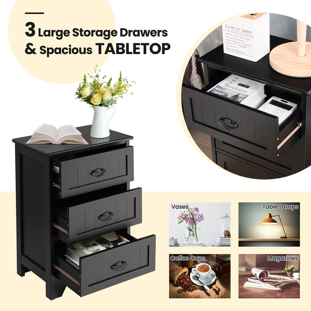 Costway 3 Drawer Black Vintage Bedside Table Image 7