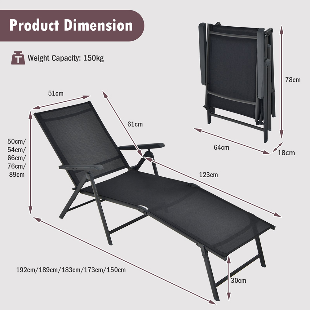 Costway Set of 2 Black Adjustable Foldable Chaise Lounge Chair Image 7