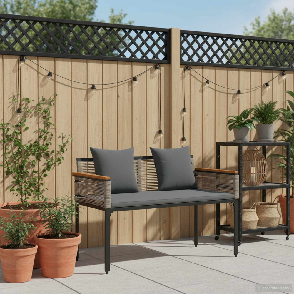 vidaXL Grey Poly Rattan Garden Bench with Cushion 117 x 54 x 74.5cm Image 8