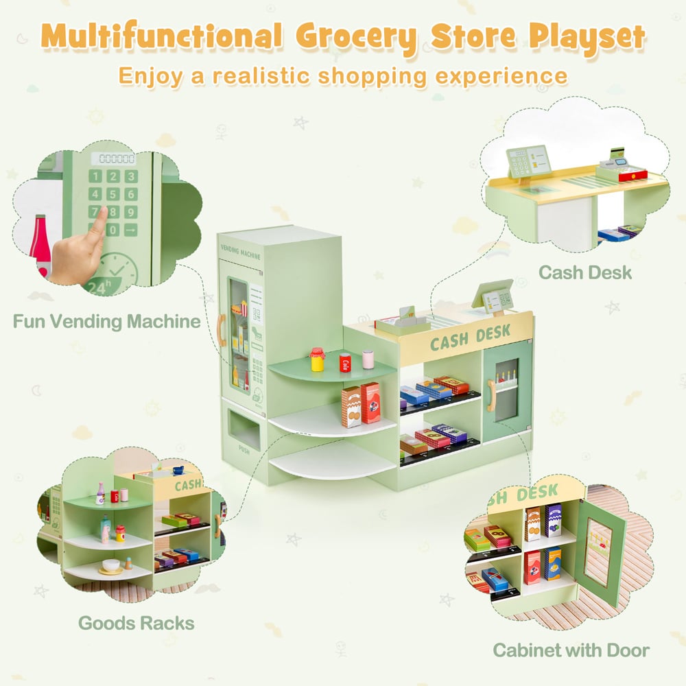 Costway Green Kids Wooden Grocery Store Supermarket Toy Set Image 6