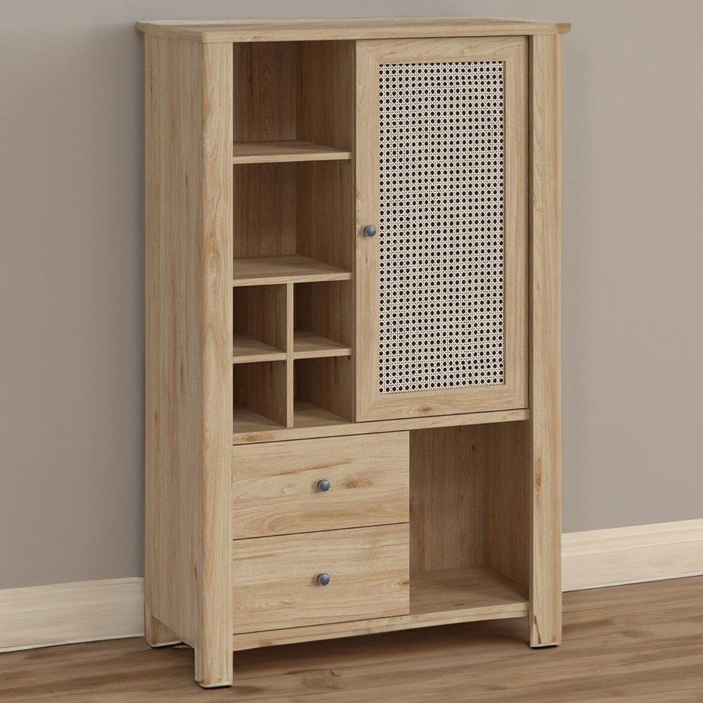 Florence Cestino Single Door 2 Drawer Oak and Rattan Effect Cabinet Image 1