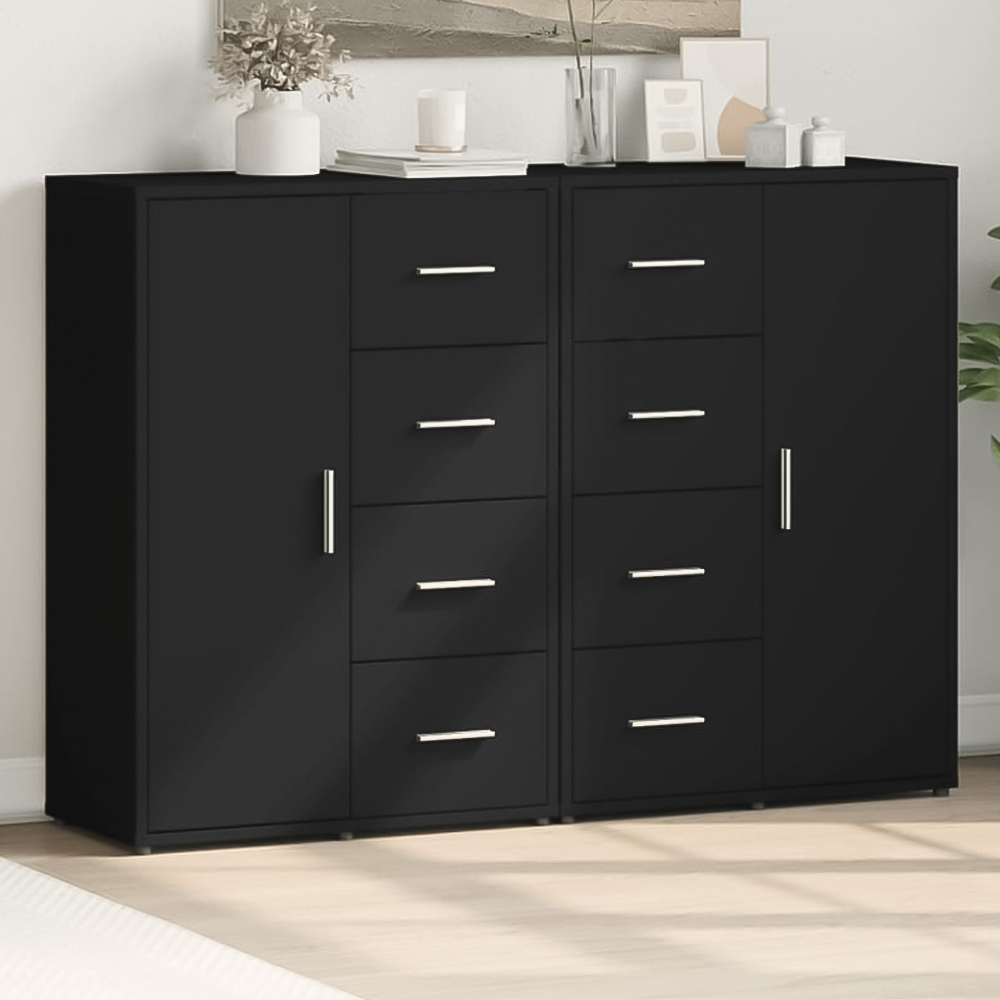 vidaXL Single Door 4 Drawer Black Wooden Sideboard Set of 2 Image 1