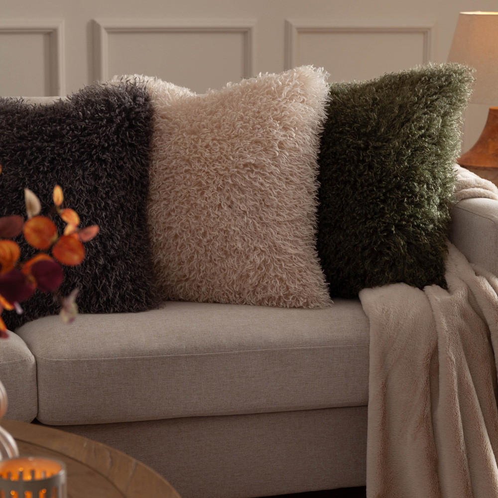 Furn Rowan Khaki Faux Fur Reversible Cushion 50 x 50cm Image 6