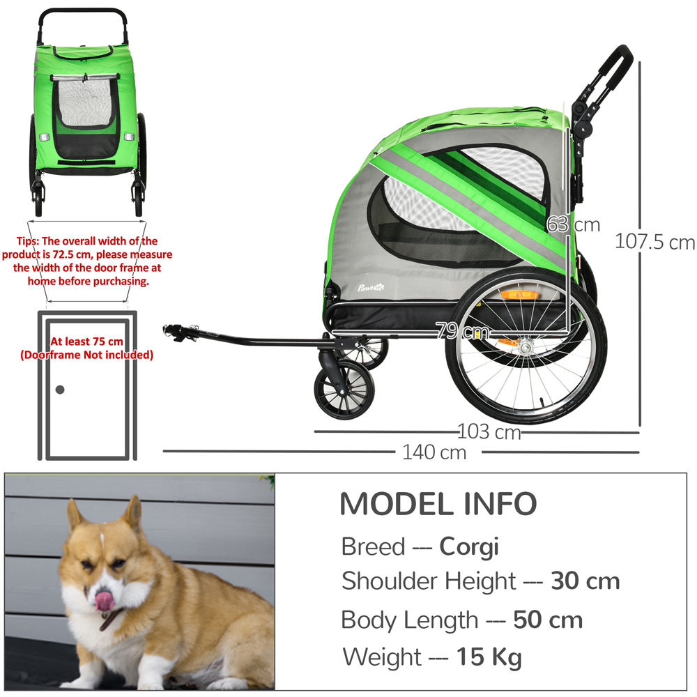 PawHut Green 2 in 1 Dog Bike Trailer Stroller with Flag Image 7