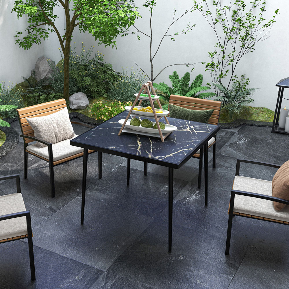 Outsunny 4 Seater Square Garden Dining Table Black with Marble Effect Image 4