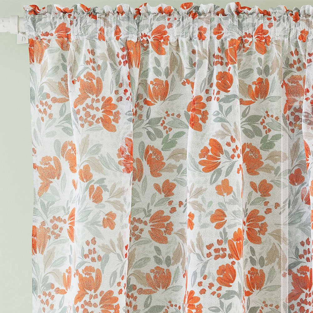 Tyrone Textiles Mia Burnt Orange Floral Print Sheer Rod Pocket Voile Panel Curtains 140 x 183cm Image 2