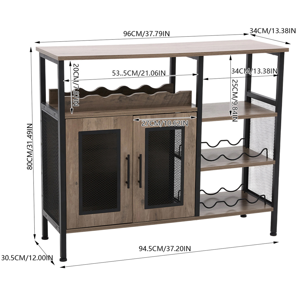 Living and Home 2 Door 3 Shelf Retro Grey Bar Cabinet with 5 Bottle Wine Rack Image 9