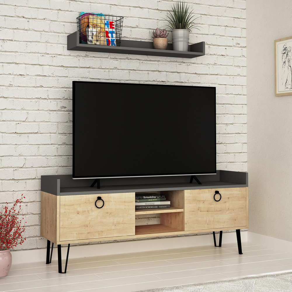 Decortie Keday 2 Door 2 Shelf Sapphire Oak TV Stand with Floating Shelf Image 4